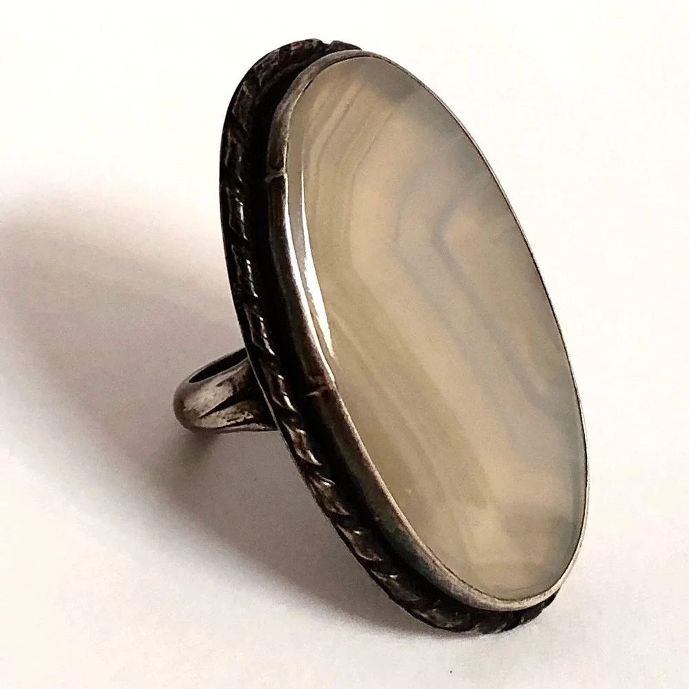 VTG Big Navajo Ring Sz 10 Banded Agate MCM 1960s Sterling 61g Native Amer